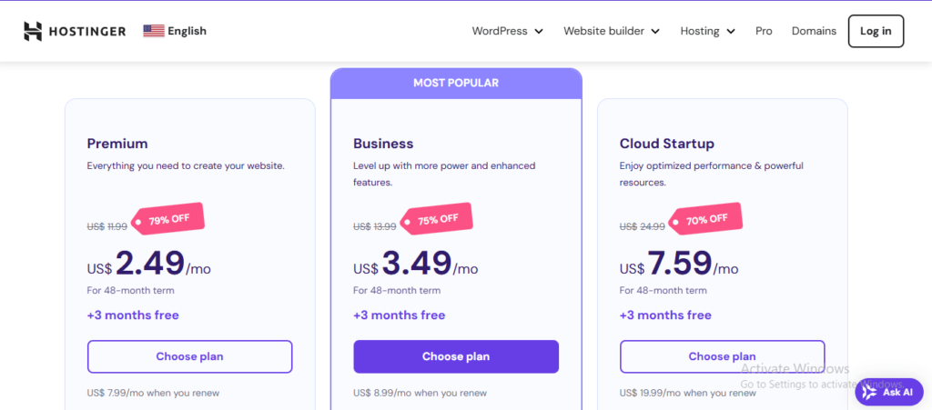 Hostinger web serverhosting price min